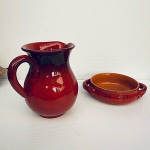 Vtg Red Italian Art Pottery Ceramic 6.5” Pitcher Jug creamer &dish Made in Italy